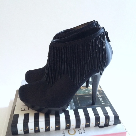 Black Satin BCBG PlatformBooties w/ Beaded Fringe - Picture 3 of 4